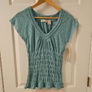 DKNY Jeans Green Semi-Sheer Crochet V-Neck Tee